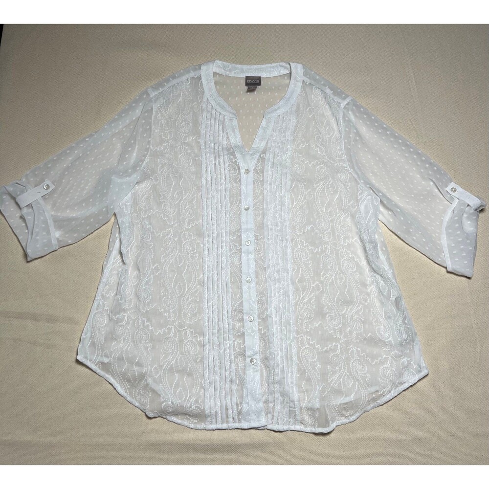 Chicos Sheer Embroidered White 3/4 Sleeve Button Front Pintuck Detail Sz 3 or XL